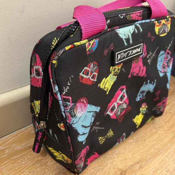 Betsey Johnson Insulated Lunch Box Tote Bag Neon Dogs Pugs with Glasses Rare - Picture 4 of 7